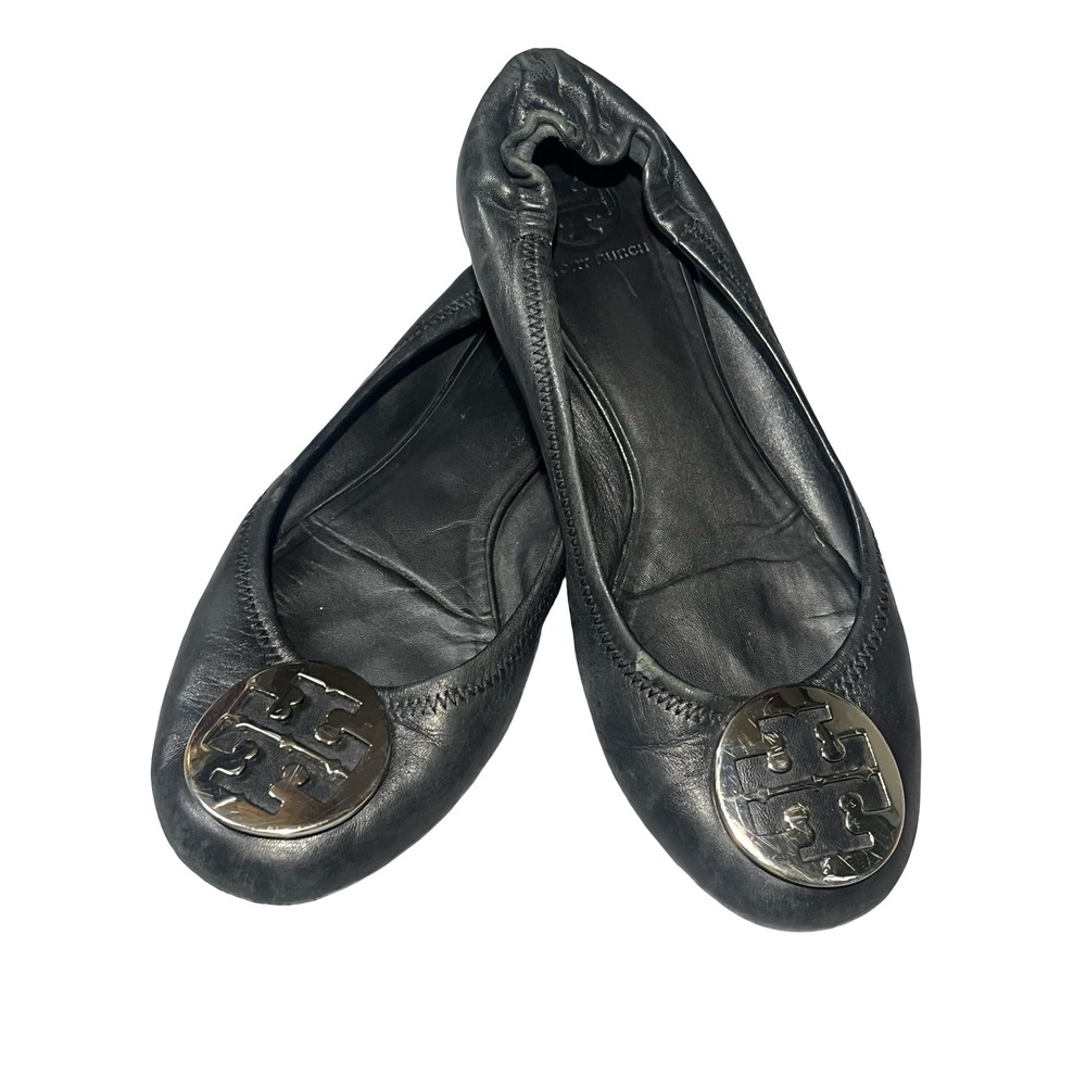 Tory Burch Reva Black Leather Silver Medallion Ballet Flats Size 10